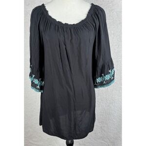 Umgee Women Embroidered Peasant Top Boho Peasant‎ Blouse 3/4 Sleeve Black Size L